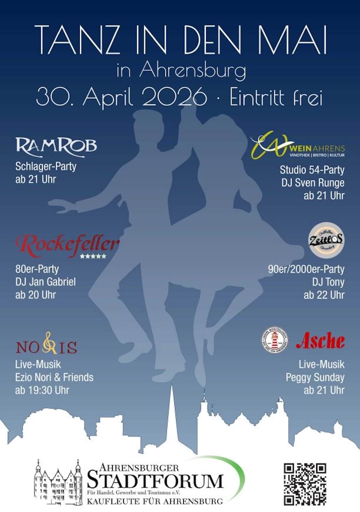 Poster mit Infos zu Partys zum Tanz in den Mai in Ahrensburg 2026