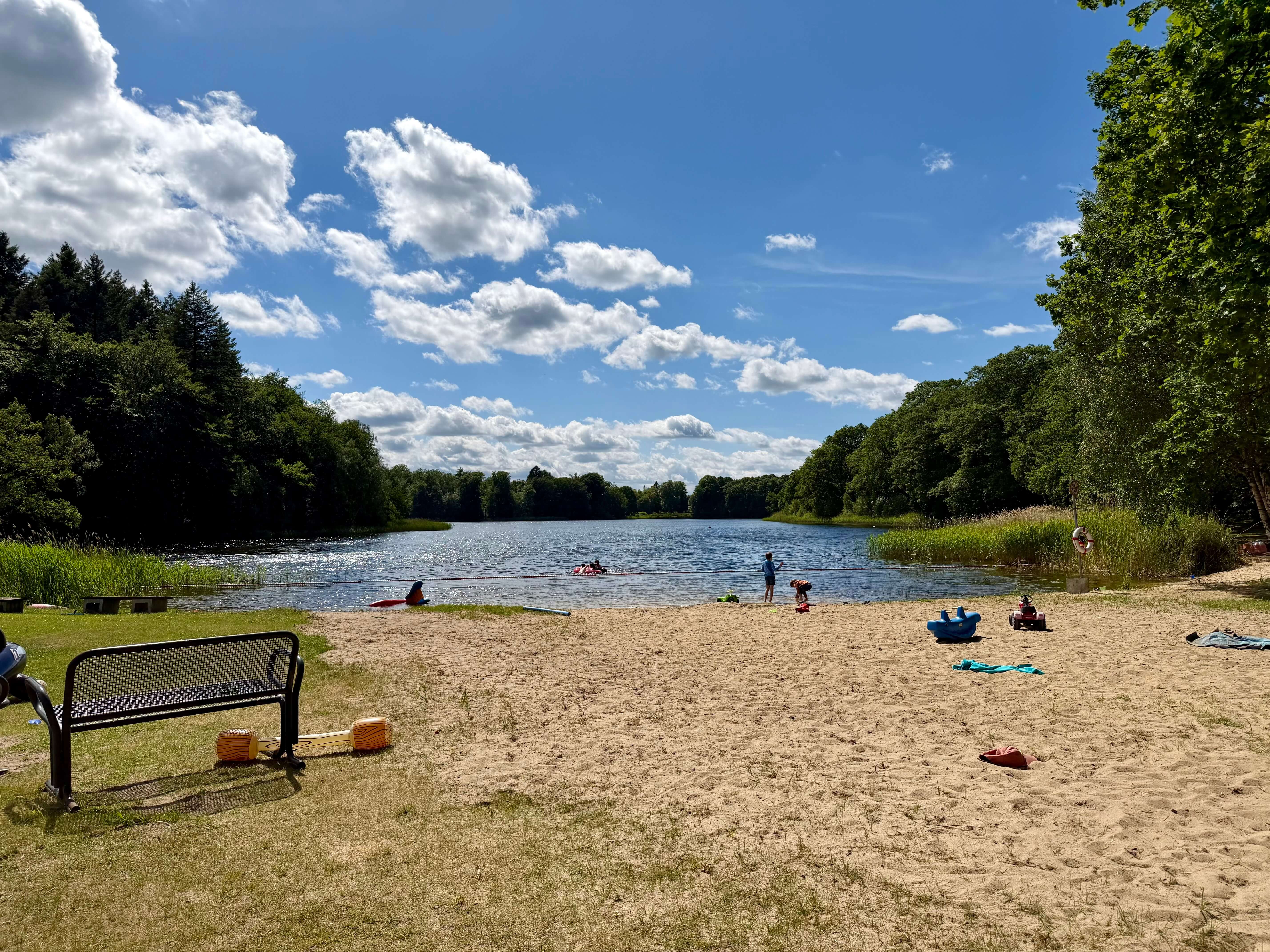 Strand und See von Bäumen umgeben
