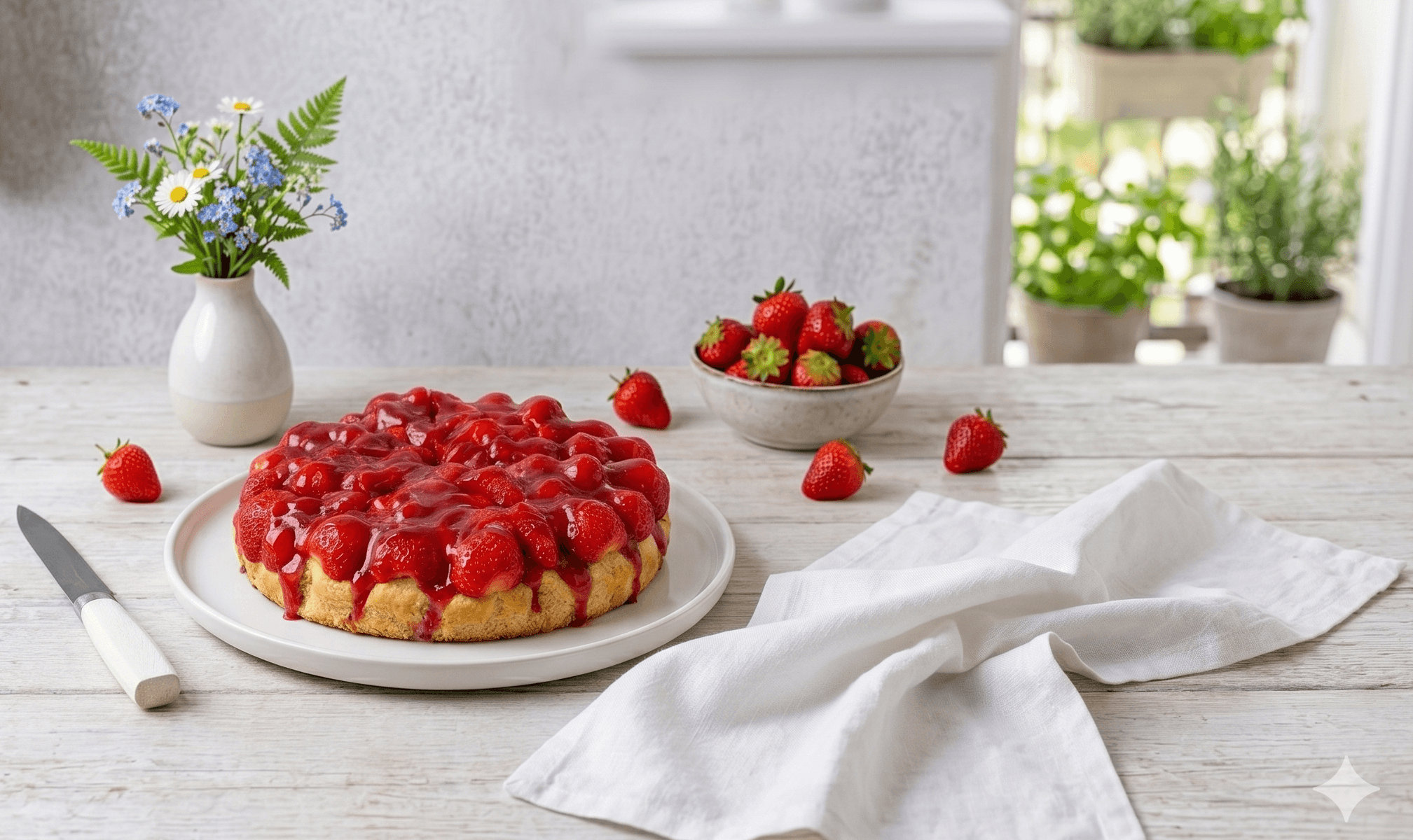 Erdbeerkuchen mit rotem Guss auf einem weißen Teller, daneben Erdbeeren