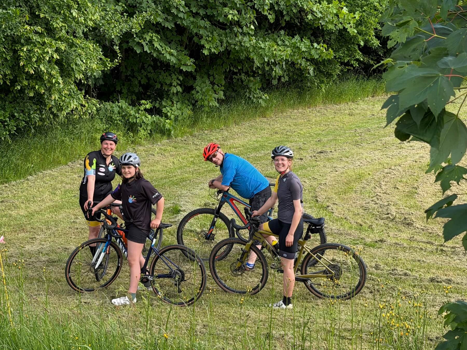 mehrere Radfahrer:innen im Grünen auf einer Wiese