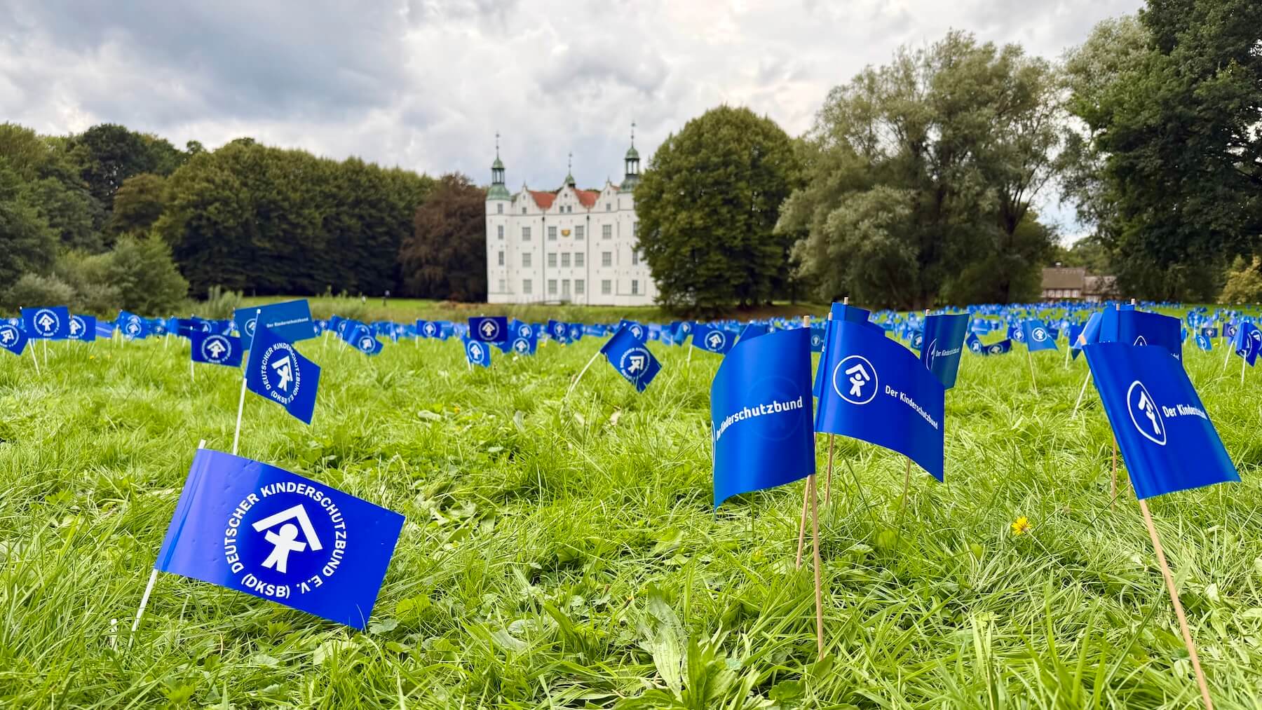 Eine Wiese mit blauen Fähnchen und weißer Schrift, im Hintergrund ein weißes Schloss